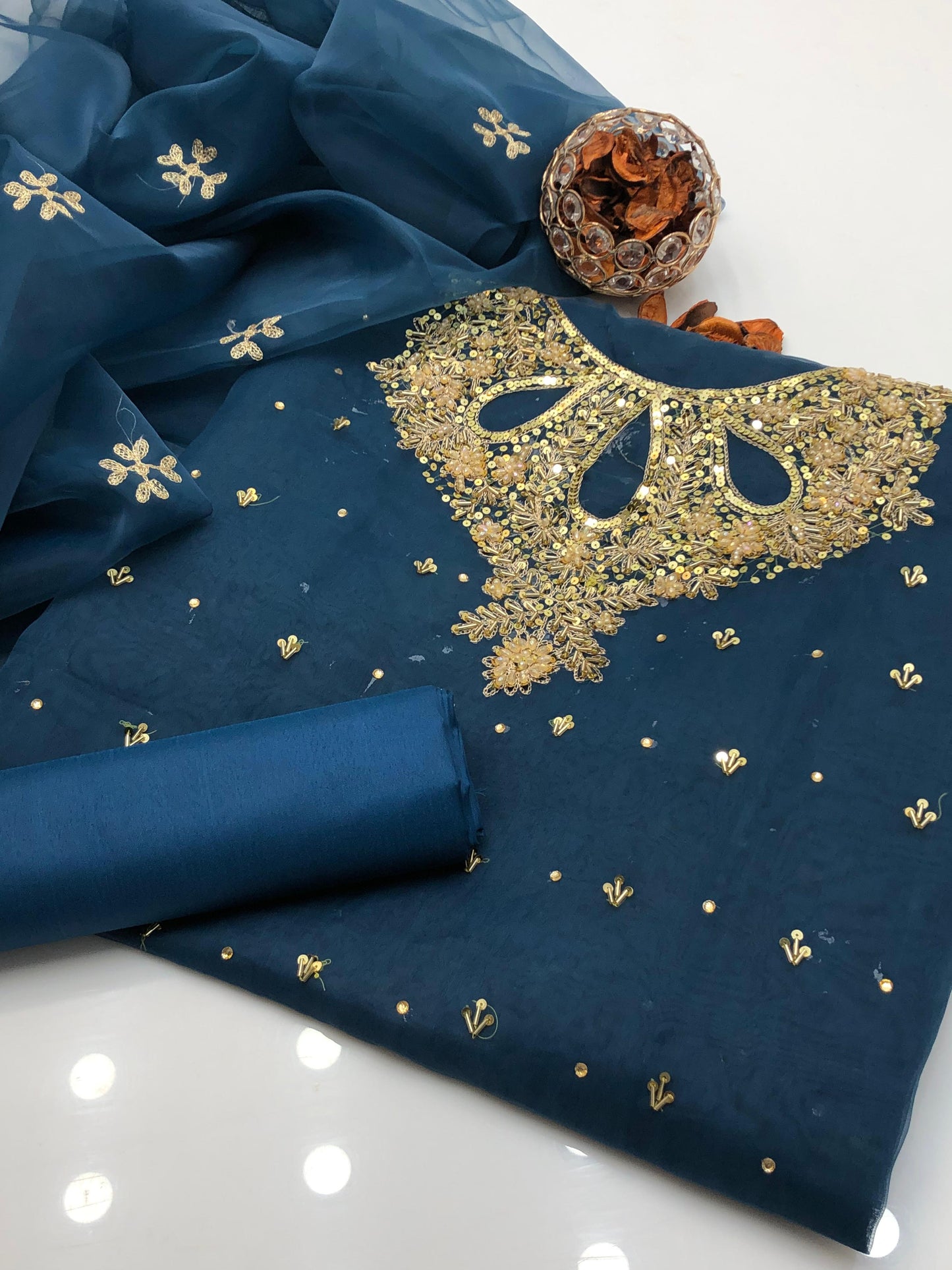 Aurielle Organza Shirt with Embroidered Dupatta & Silk Trouser 3Pcs Dress