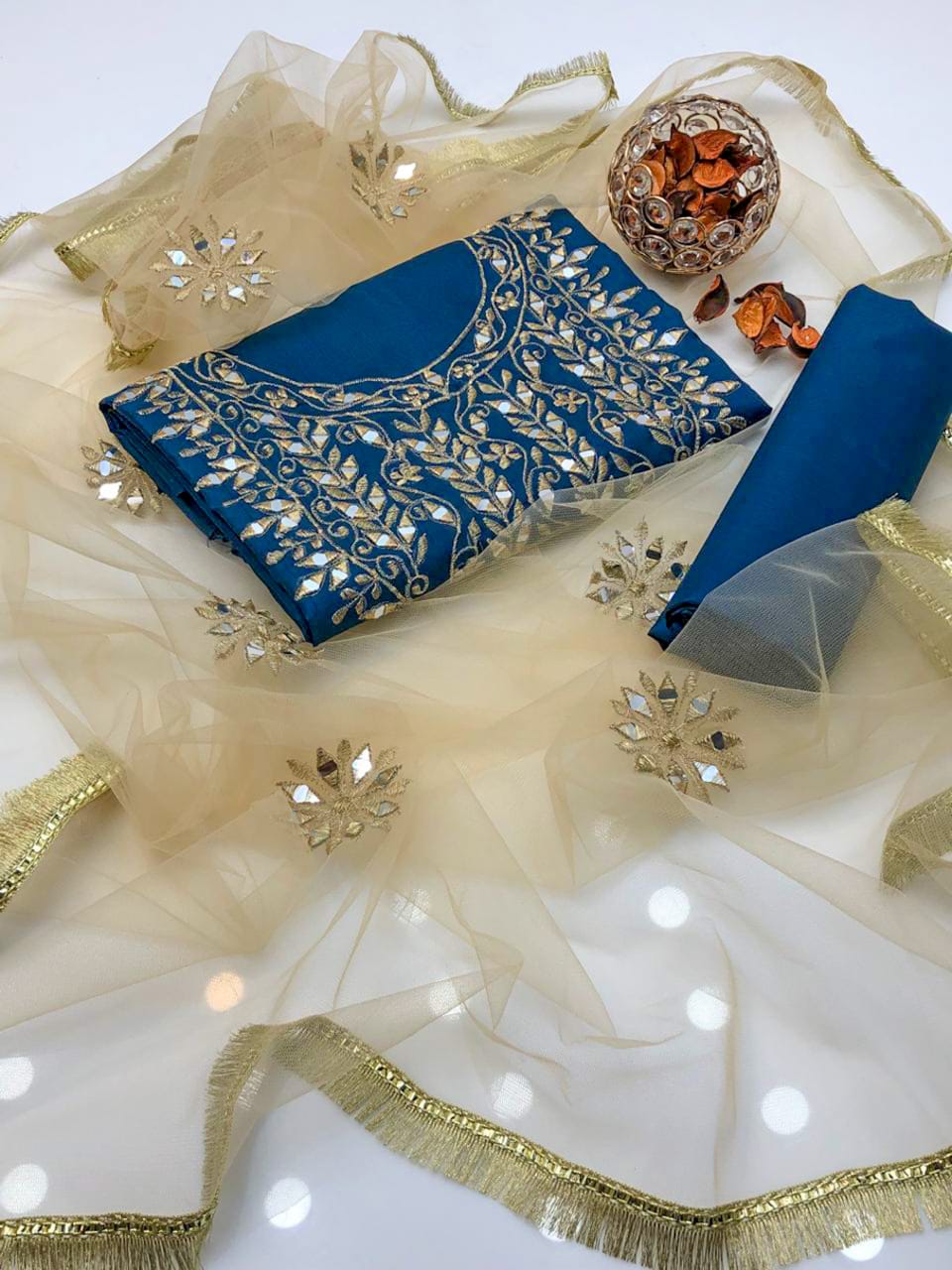 Velina Kataan Silk Mirror Work 3Pcs Dress