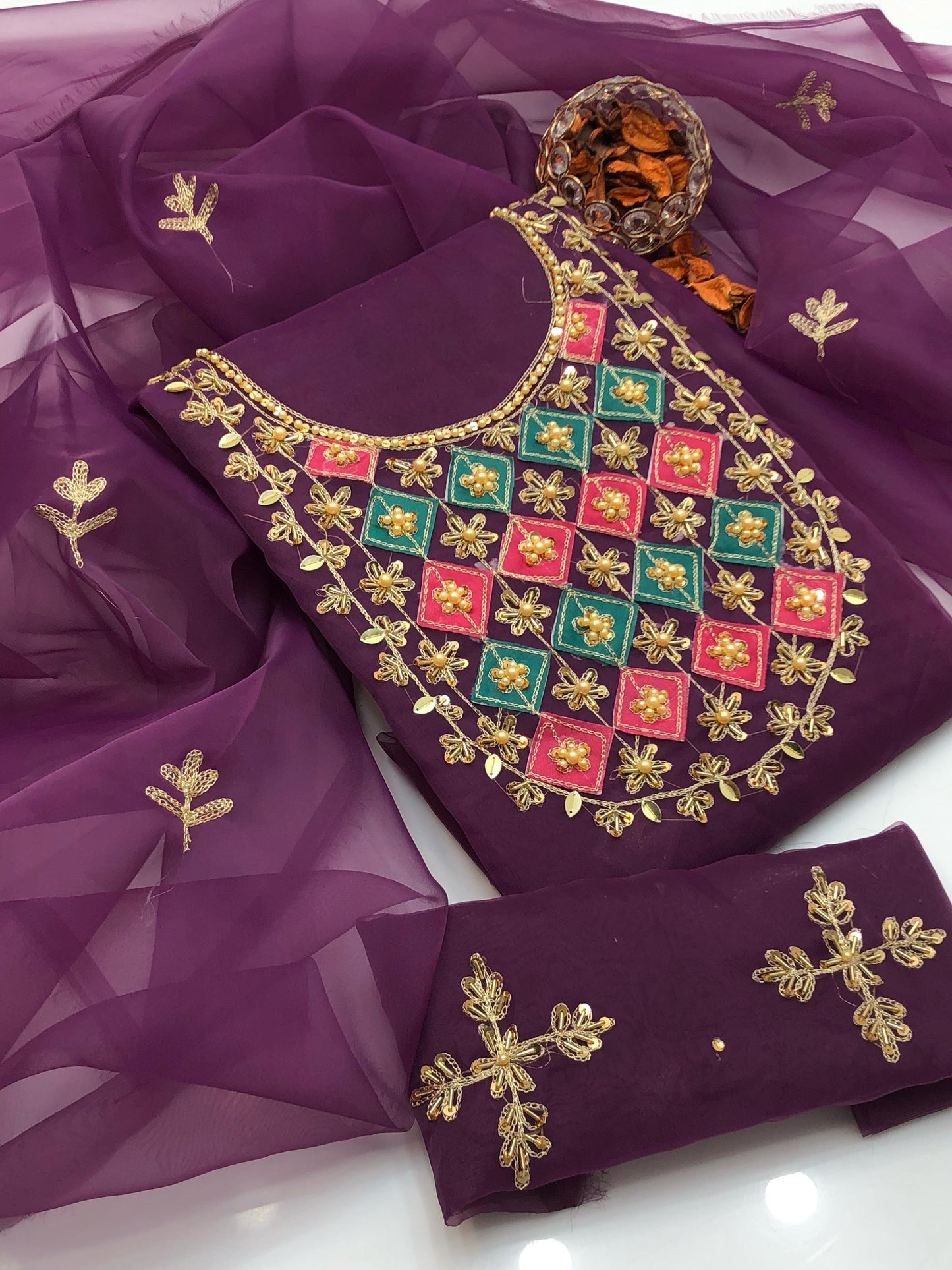 Bright Organza Aari Embroidery and Applic Work Shirt with Dupatta 2Pcs Dress
