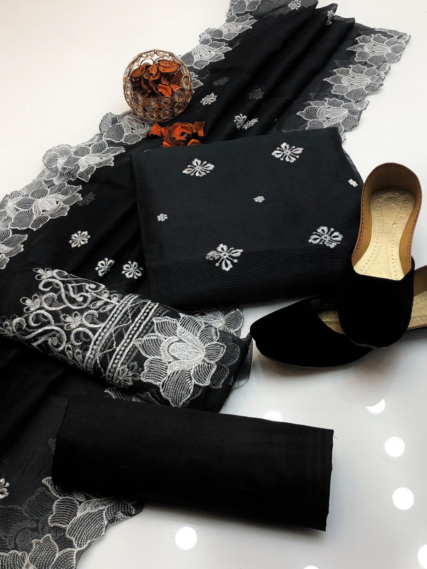Refined Khaddi Net Embroidered 4 Pcs Dress with Cutwork & Khussa Gift