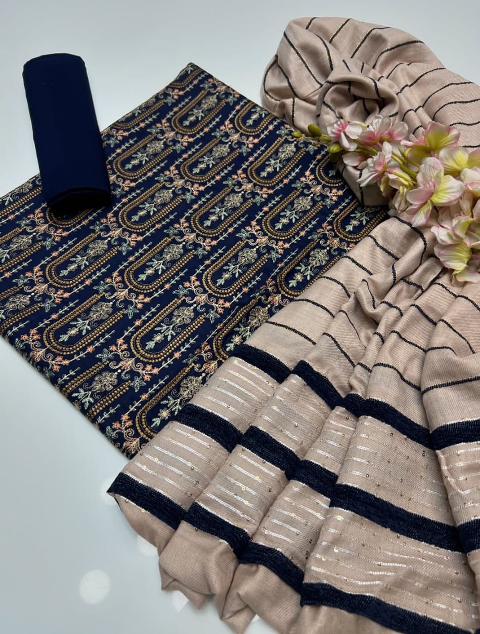 Marina Linen Embroidered Sequin Work with Velvet Shawl 3Pc Dress