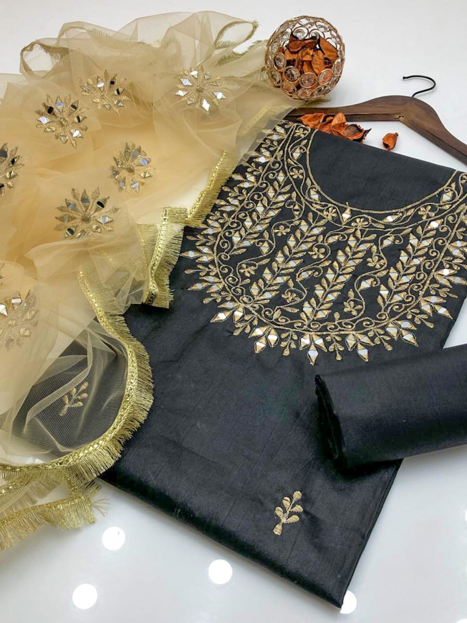 Velina Kataan Silk Mirror Work 3Pcs Dress