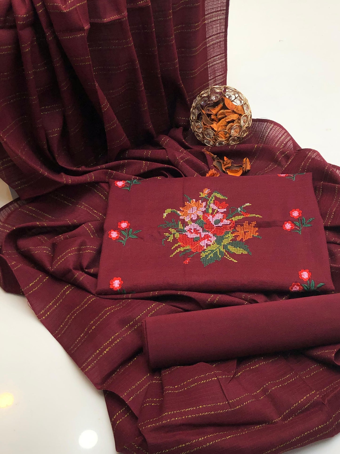 Marina Cross Stitch Embroidered Shirt with Jacquard Dupatta 3Pcs Dress