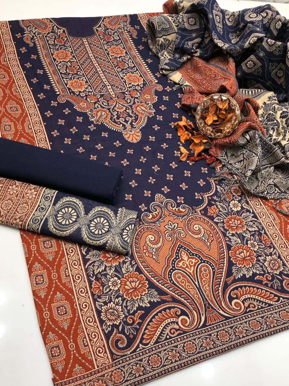 Acrylic Wool Jacquard Shirt Shawl & Trouser 3Pcs Dress
