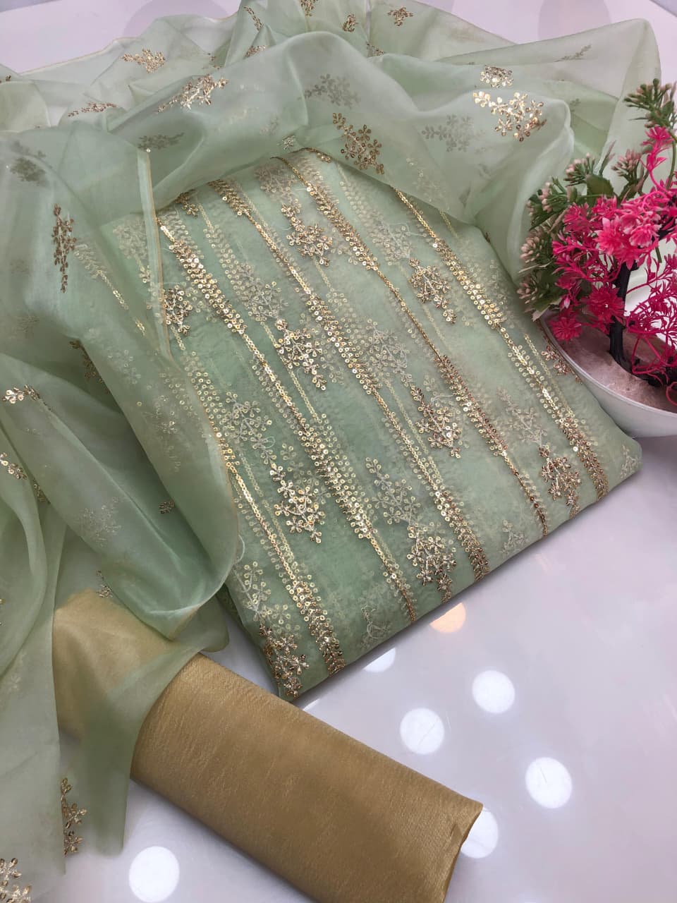 Nylon Organza Heavy Bunch Work 3Pcs Dress