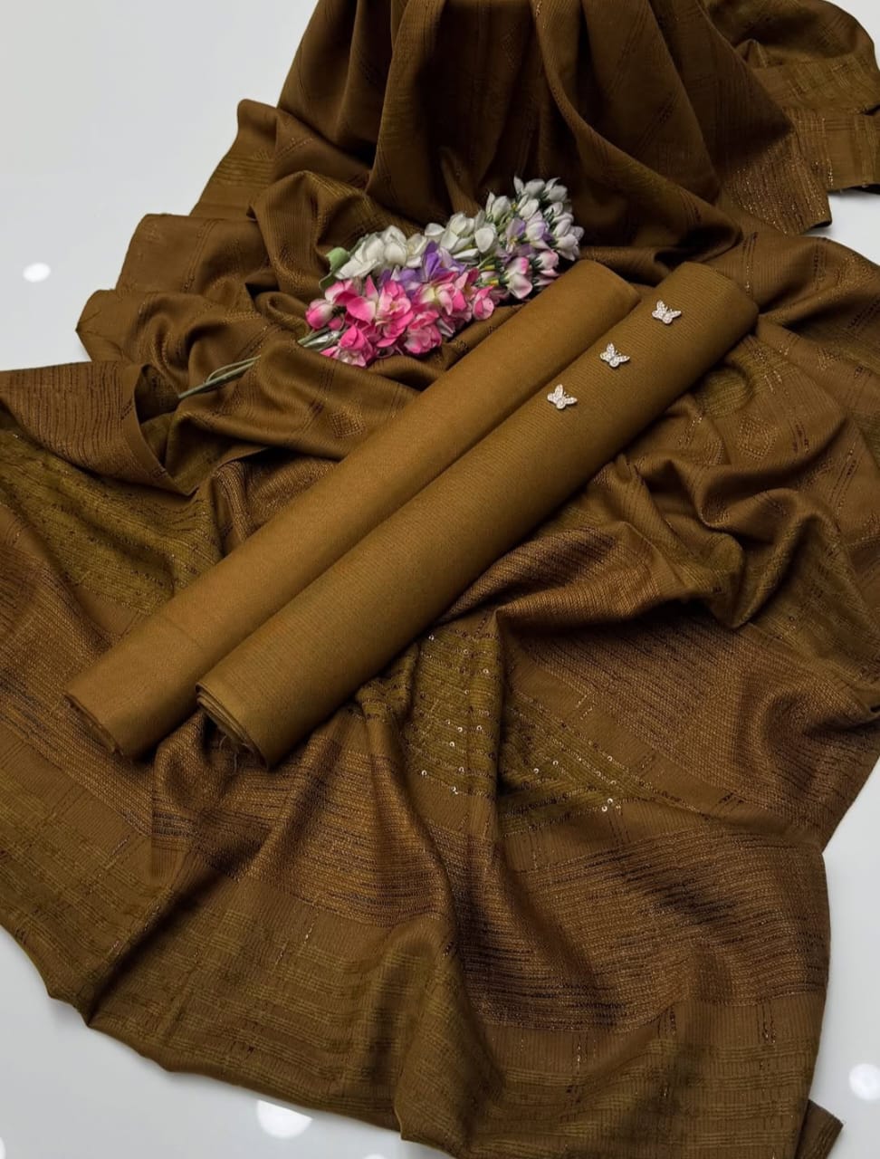 Premium Dhanak Zari Shirt Trouser with Velvet Shawl 3Pcs Dress