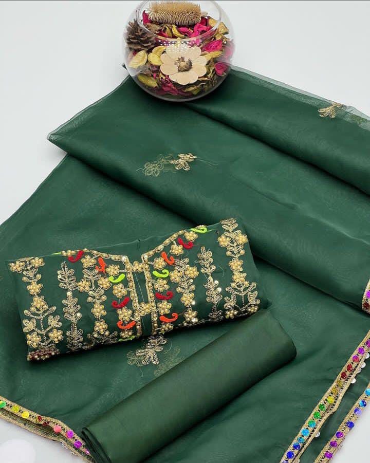 Aurielle Organza Shirt with Lace Border Dupatta & Silk Trouser 3Pcs Dress