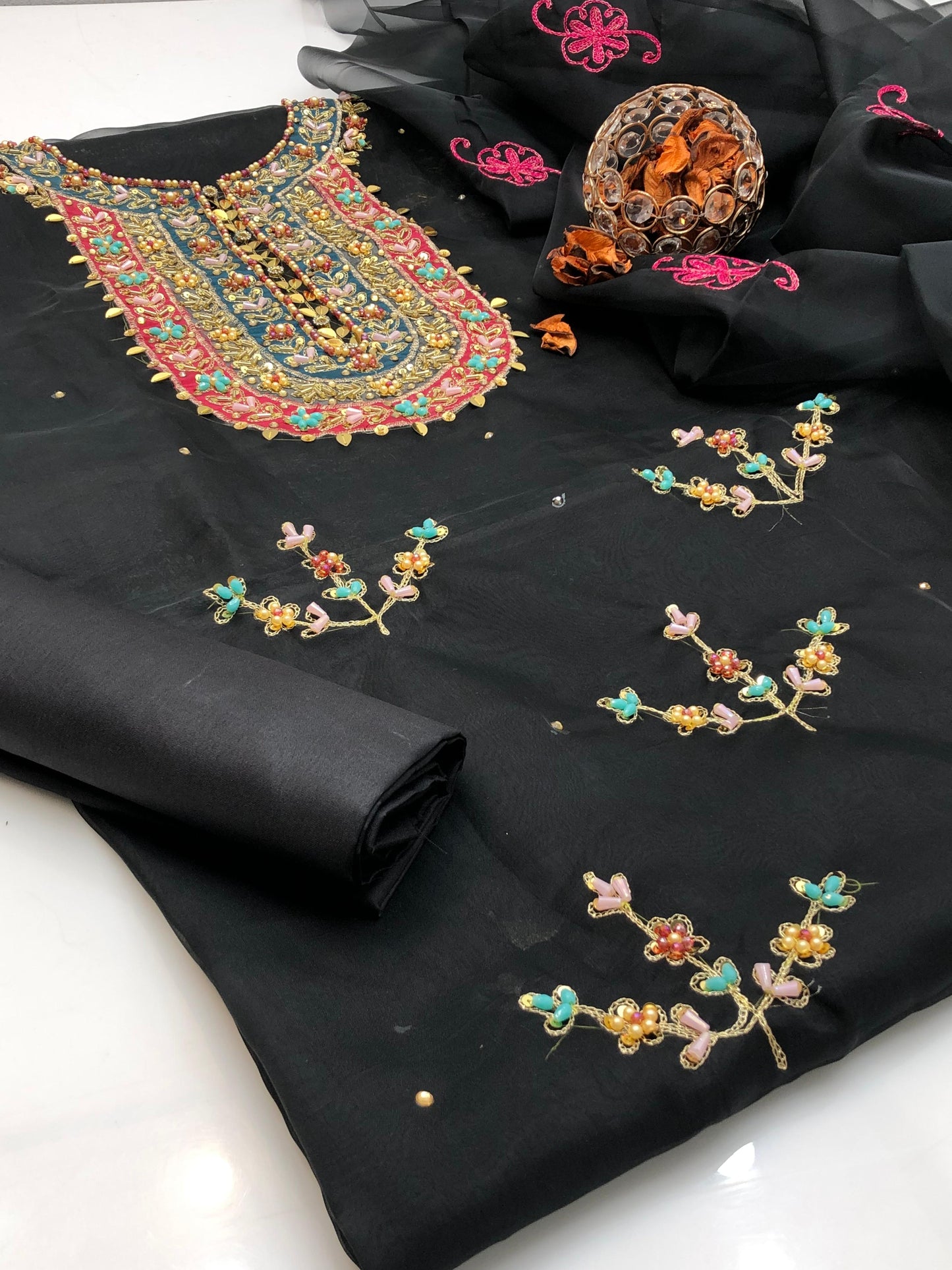 Exquisite Multi Appliqué Organza with Kataan Silk 3Pcs Dress