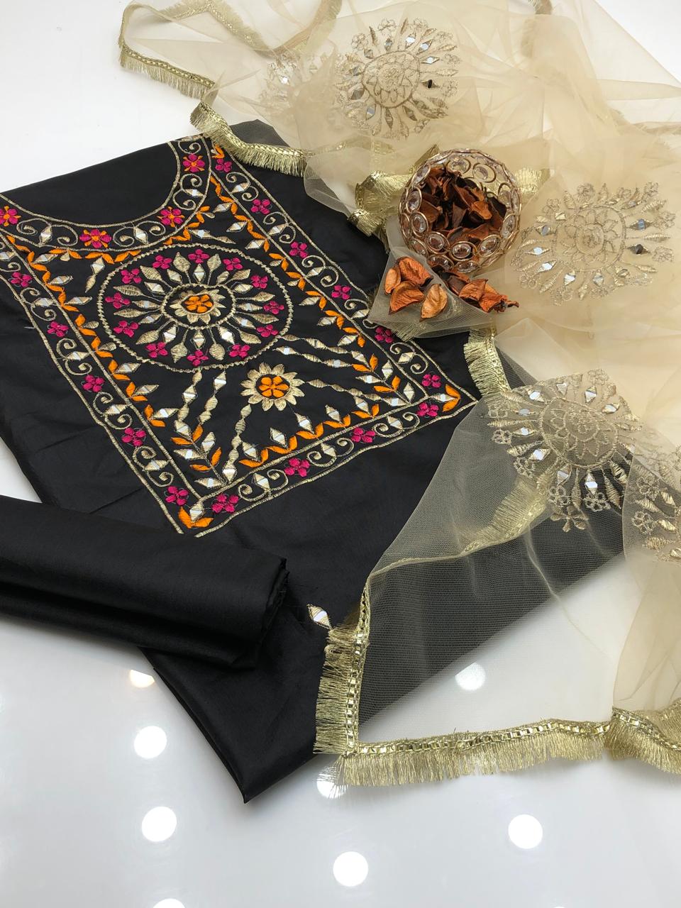 Modern Kataan Silk Multi Reta Embroidered Shirt and Dupatta 3Pcs Dress