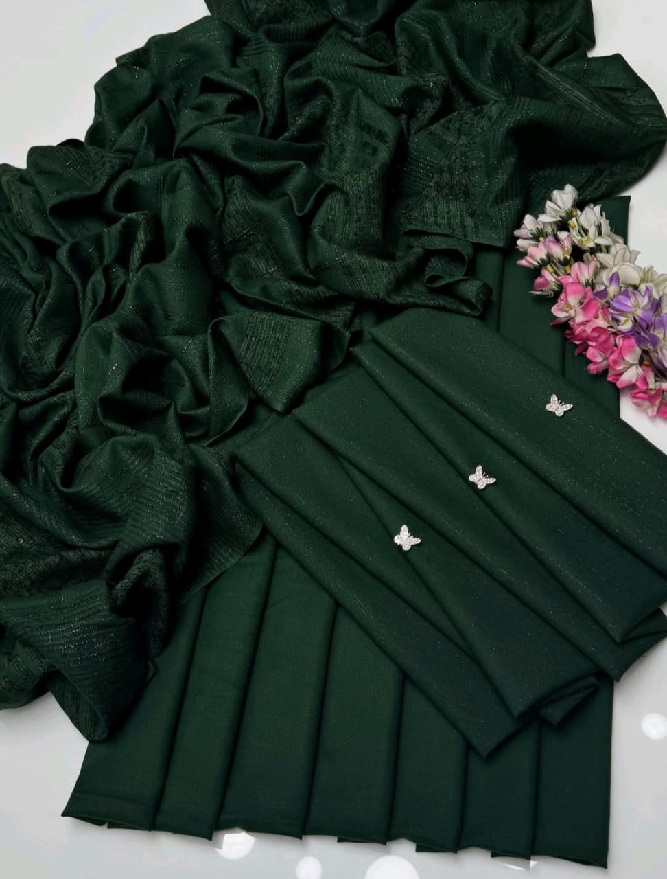 Premium Dhanak Zari Shirt Trouser with Velvet Shawl 3Pcs Dress