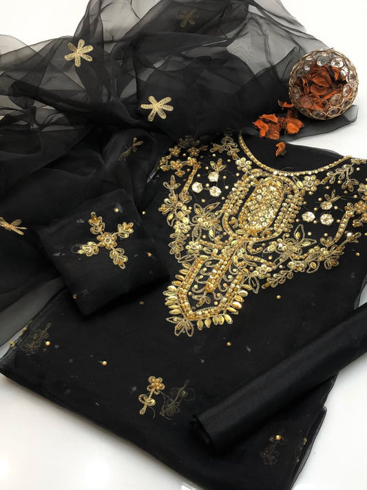 Golden Charm Organza Handwork Embroidered 3Pcs Dress