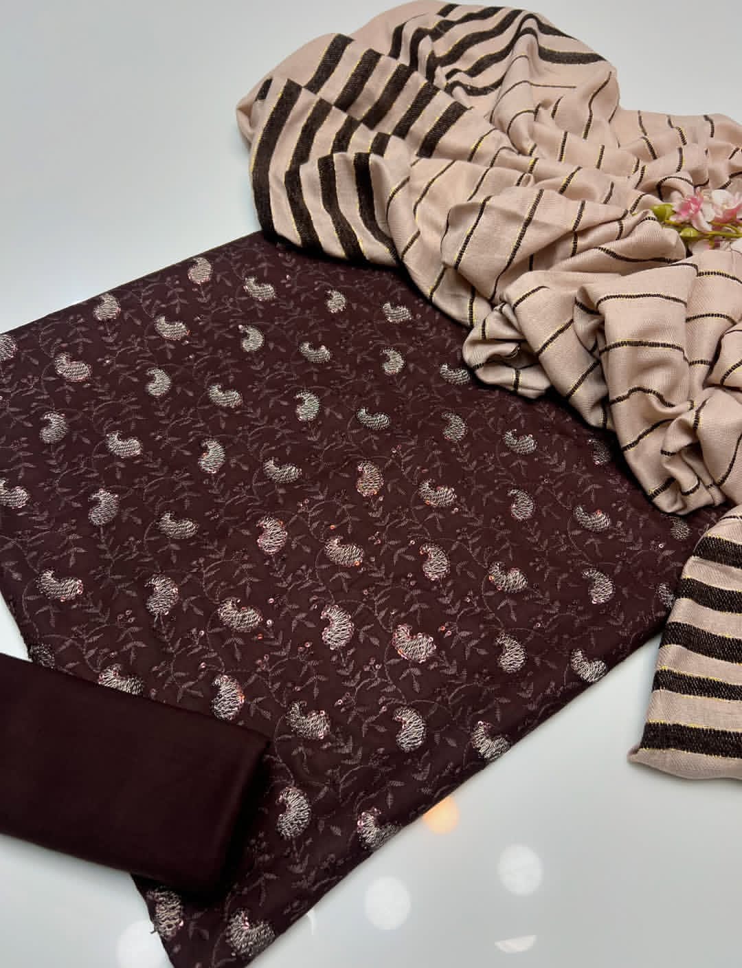 Opaline Marina Linen Embroidered Sequence with Wool Shawl 3Pcs Dress