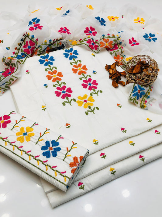 Pure Lawn Cotton Cross Stitch Shirt and Dupatta 3Pcs Dress