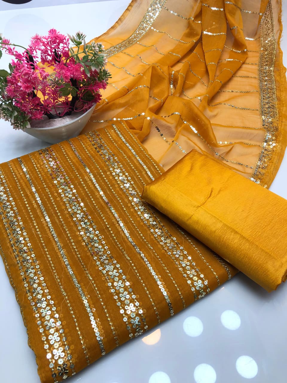 Chiffon Heavy Embroidered Double-Sided Border 3Pcs Dress
