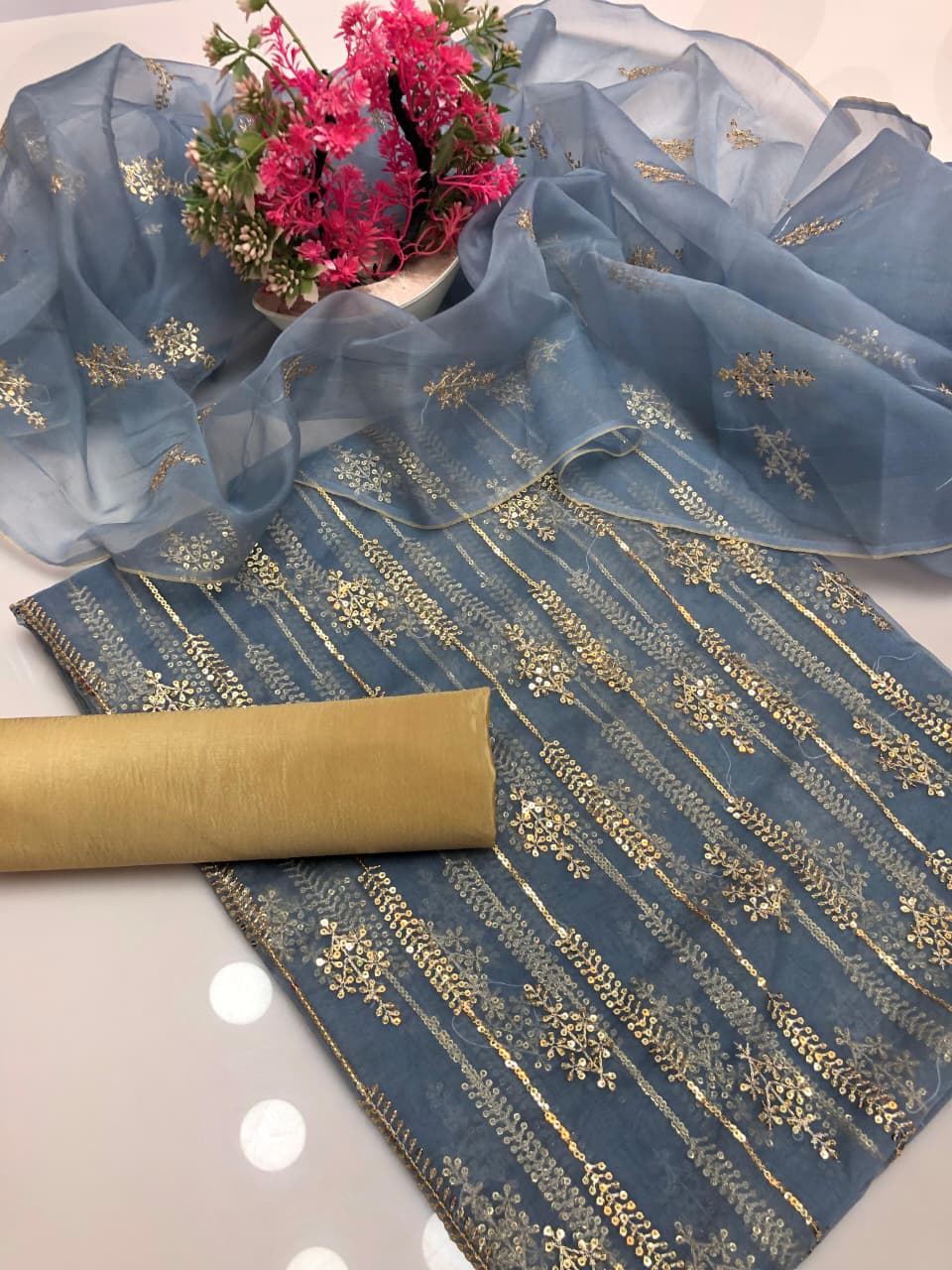 Nylon Organza Heavy Bunch Work 3Pcs Dress