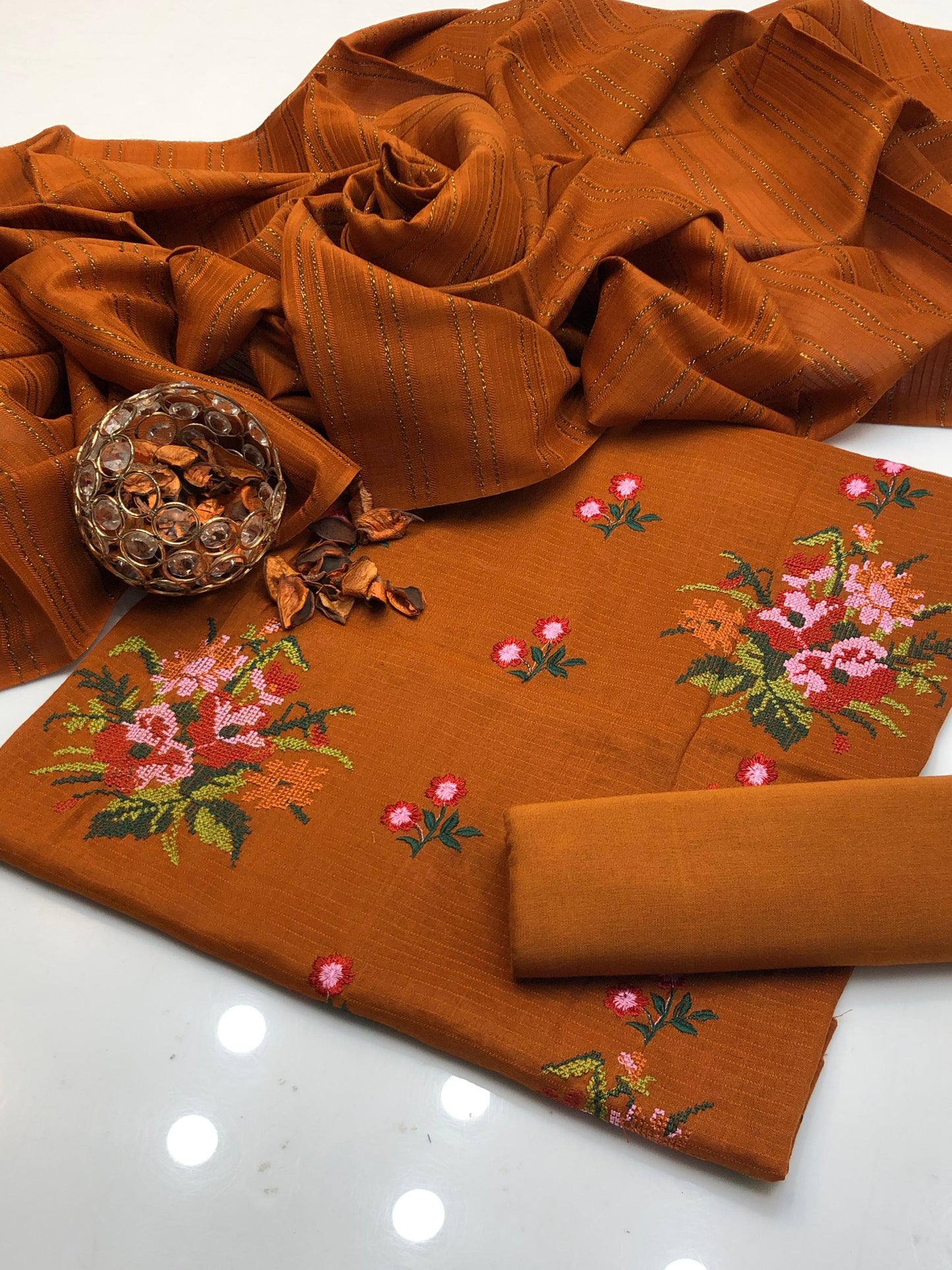 Marina Cross Stitch Embroidered Shirt with Jacquard Dupatta 3Pcs Dress