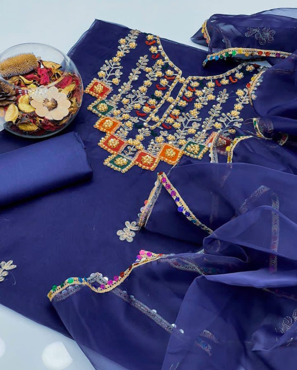 Aurielle Organza Shirt with Lace Border Dupatta & Silk Trouser 3Pcs Dress
