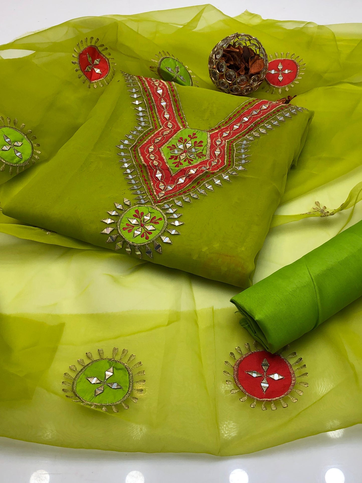 Dazzling Mirror & Multi Appliqué Organza with Kataan Silk 3Pcs Dress