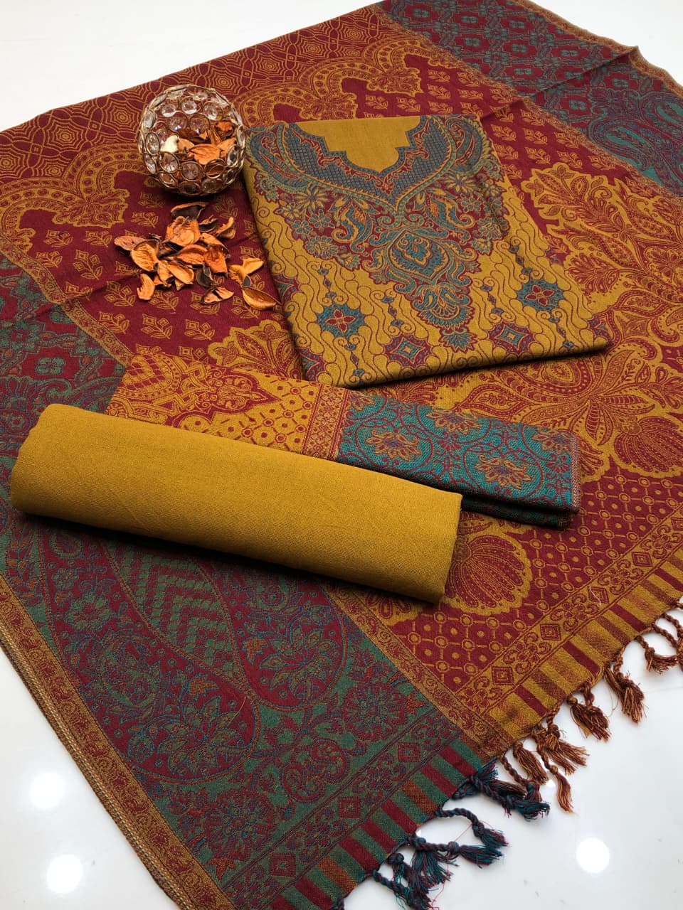 Acrylic Wool Jacquard Shirt Shawl & Trouser 3Pcs Dress