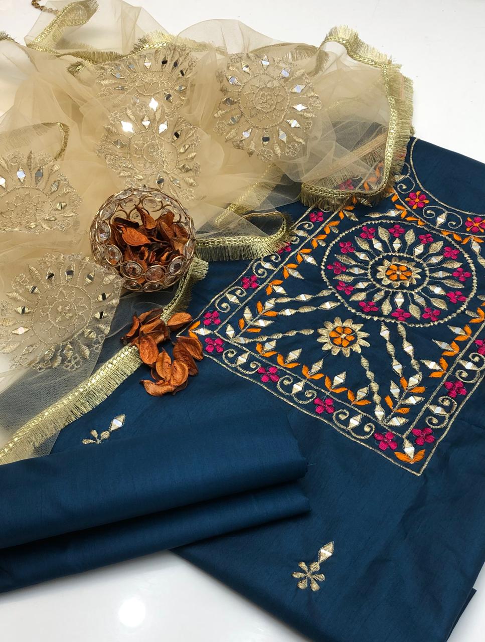 Modern Kataan Silk Multi Reta Embroidered Shirt and Dupatta 3Pcs Dress