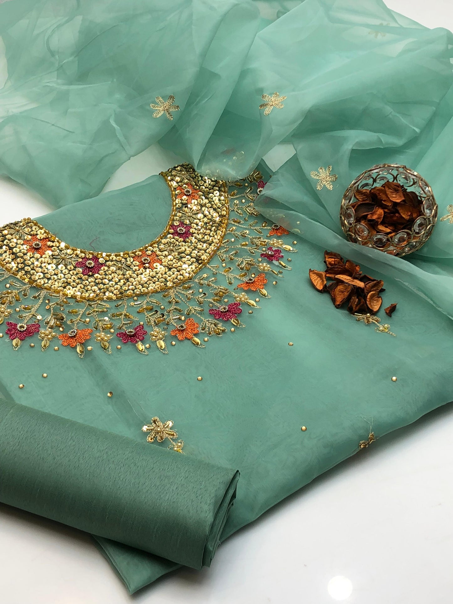 Celestria Organza Shirt with Embroidered Dupatta & Silk Trouser 3Pcs Dress