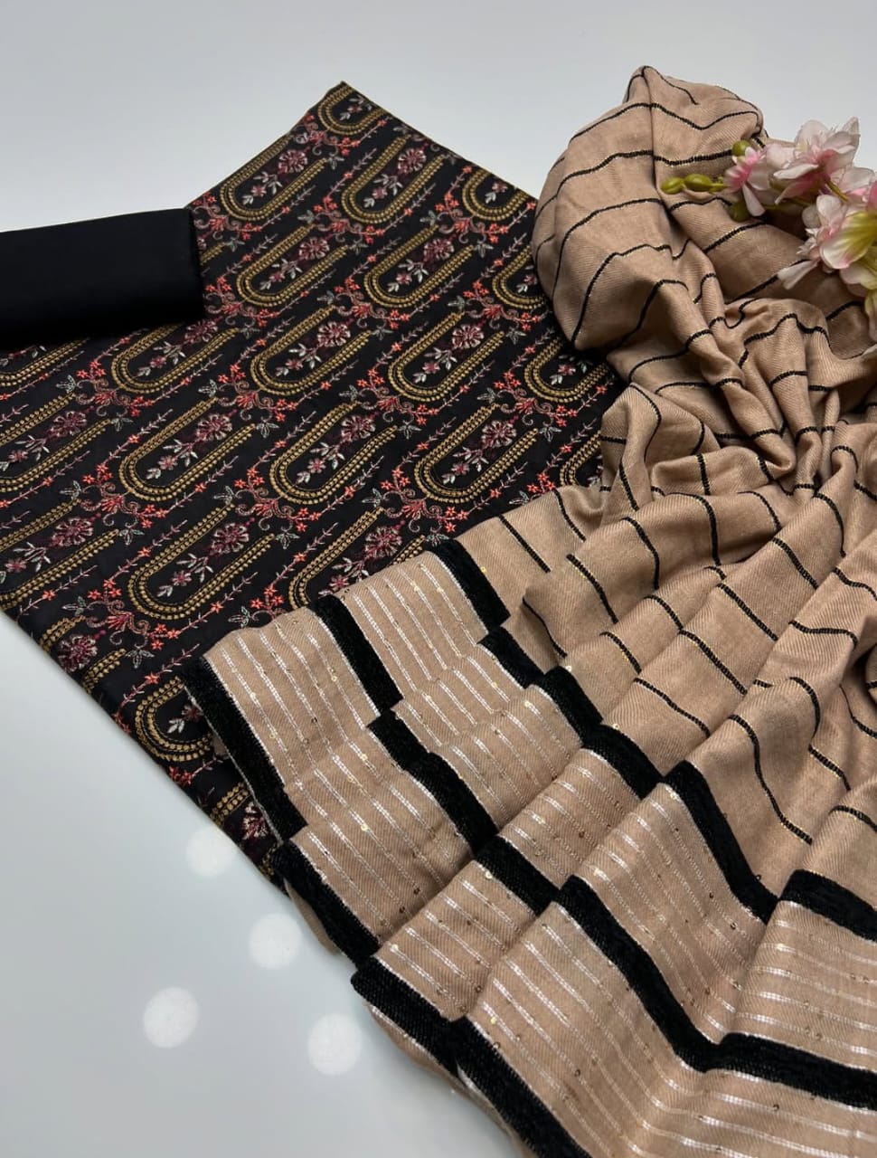 Marina Linen Embroidered Sequin Work with Velvet Shawl 3Pc Dress
