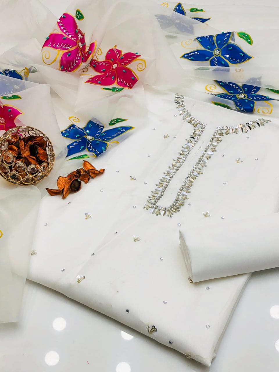 Opalya Kataan Silk Shirt with Oil Paint Dupatta & Trouser 3Pcs Dress