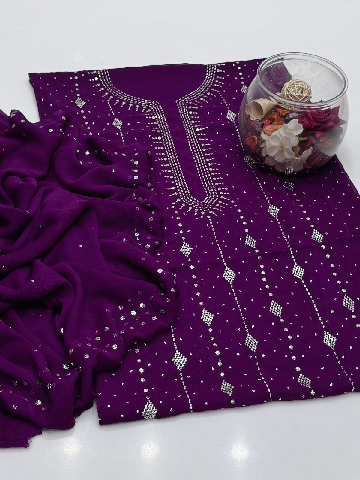 Bamber Chiffon Mukesh Work Shirt & Dupatta 2Pcs Dress