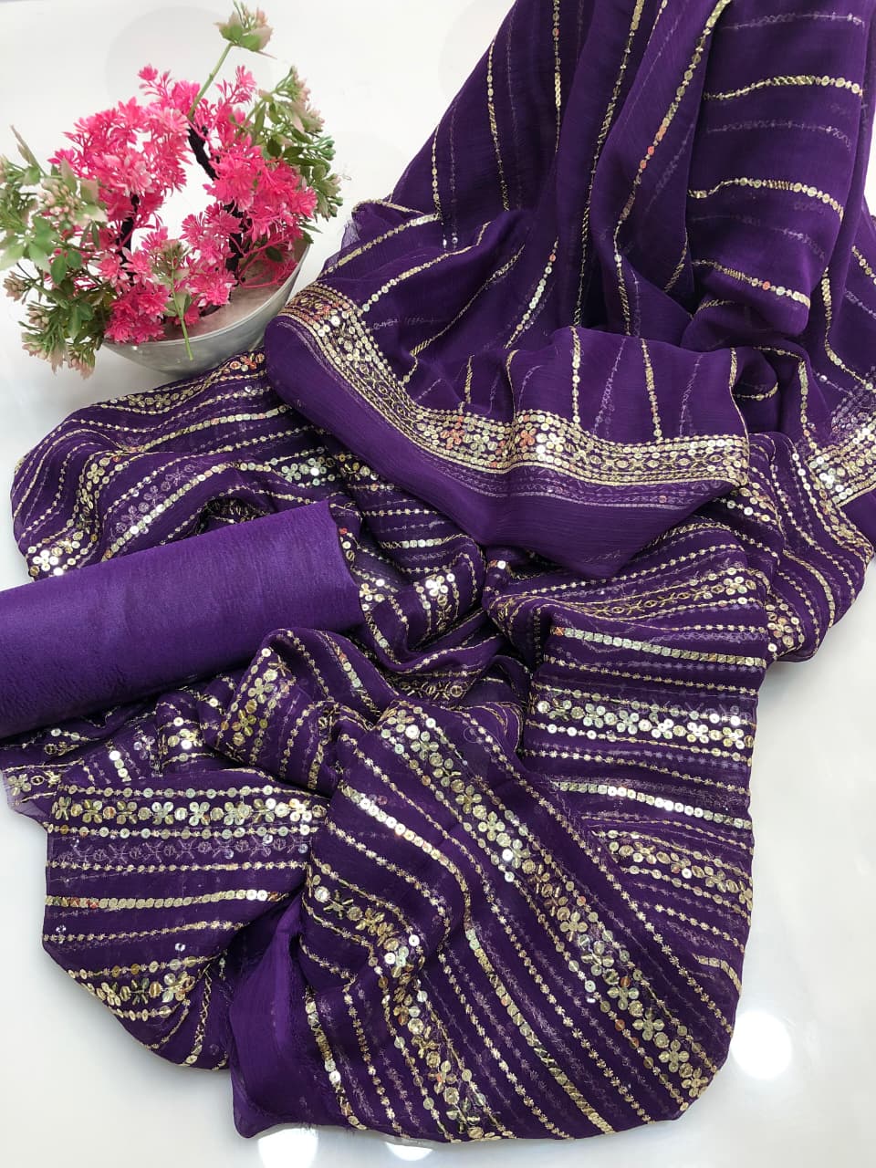 Chiffon Heavy Embroidered Double-Sided Border 3Pcs Dress
