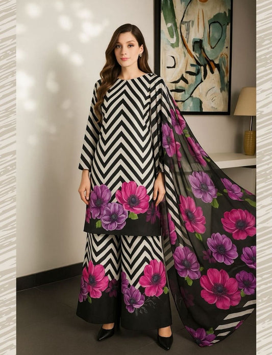 Classic Shamoze Silk Tie & Die Digital Printed 3Pcs Dress