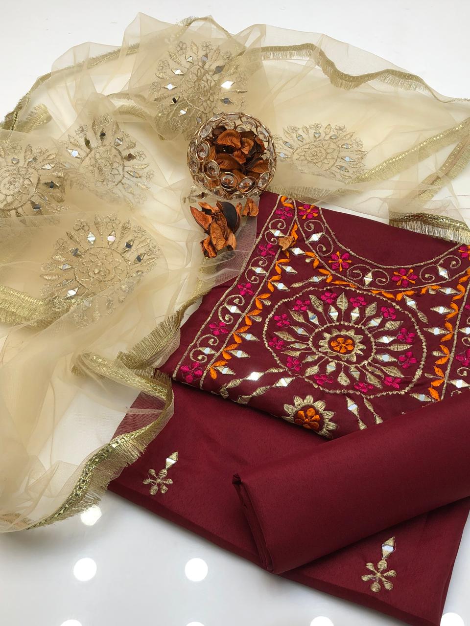Modern Kataan Silk Multi Reta Embroidered Shirt and Dupatta 3Pcs Dress