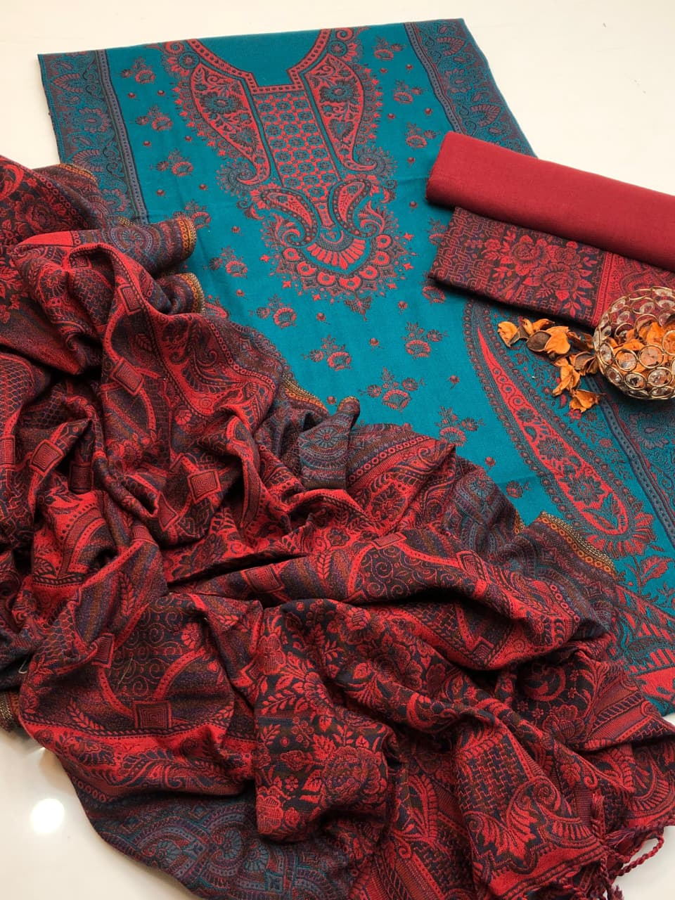 Acrylic Wool Jacquard Shirt Shawl & Trouser 3Pcs Dress