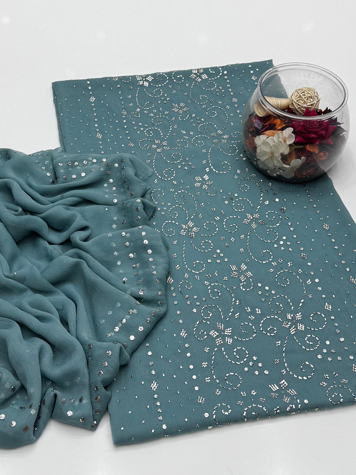 Celestial Bamber Chiffon Mukesh Work Shirt & Dupatta 2Pcs Dress