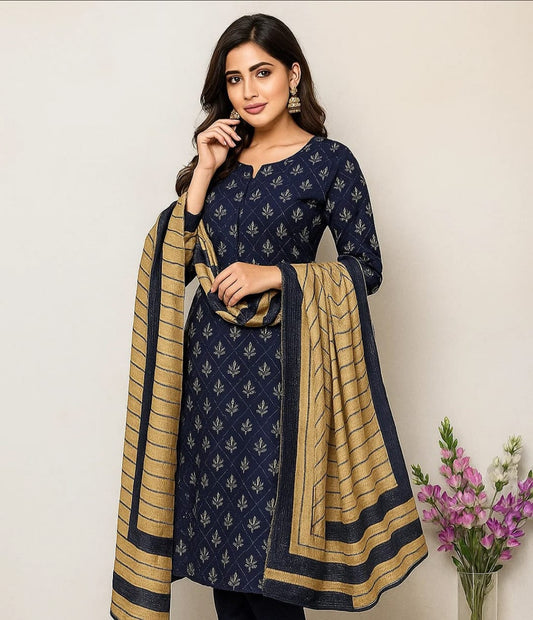 Marina Linen Embroidered Shirt With Velvet Shawl 3Pcs Dress