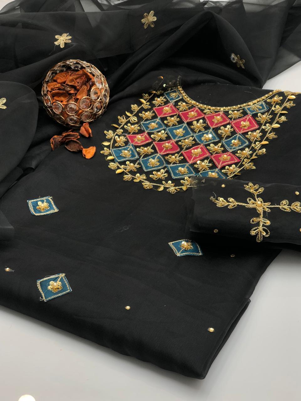 Bright Organza Aari Embroidery and Applic Work Shirt with Dupatta 2Pcs Dress