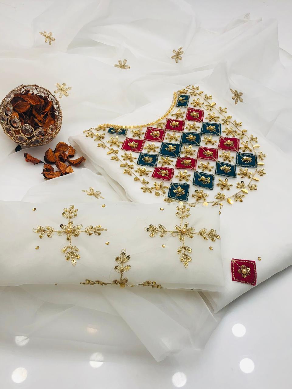 Bright Organza Aari Embroidery and Applic Work Shirt with Dupatta 2Pcs Dress
