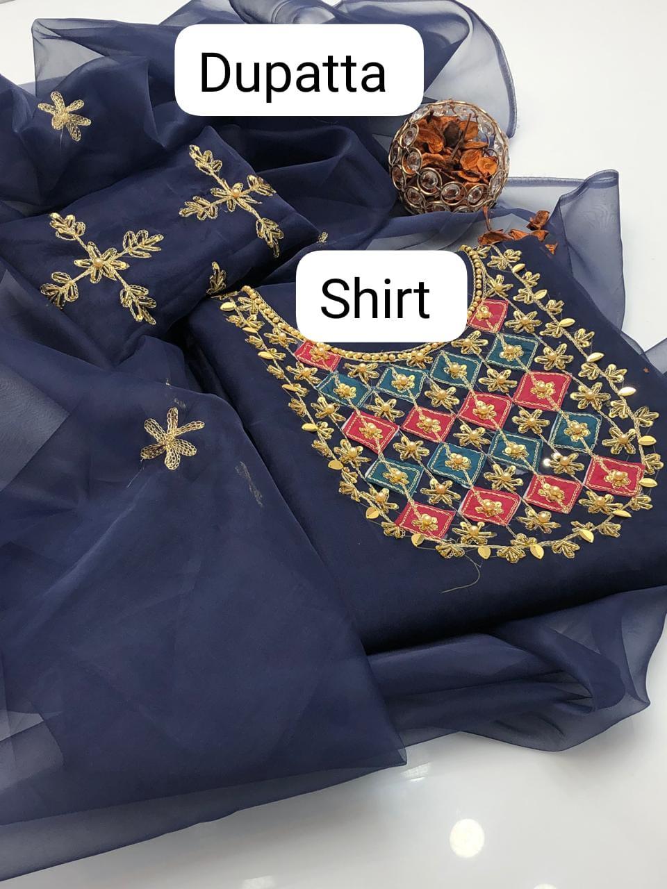 Bright Organza Aari Embroidery and Applic Work Shirt with Dupatta 2Pcs Dress