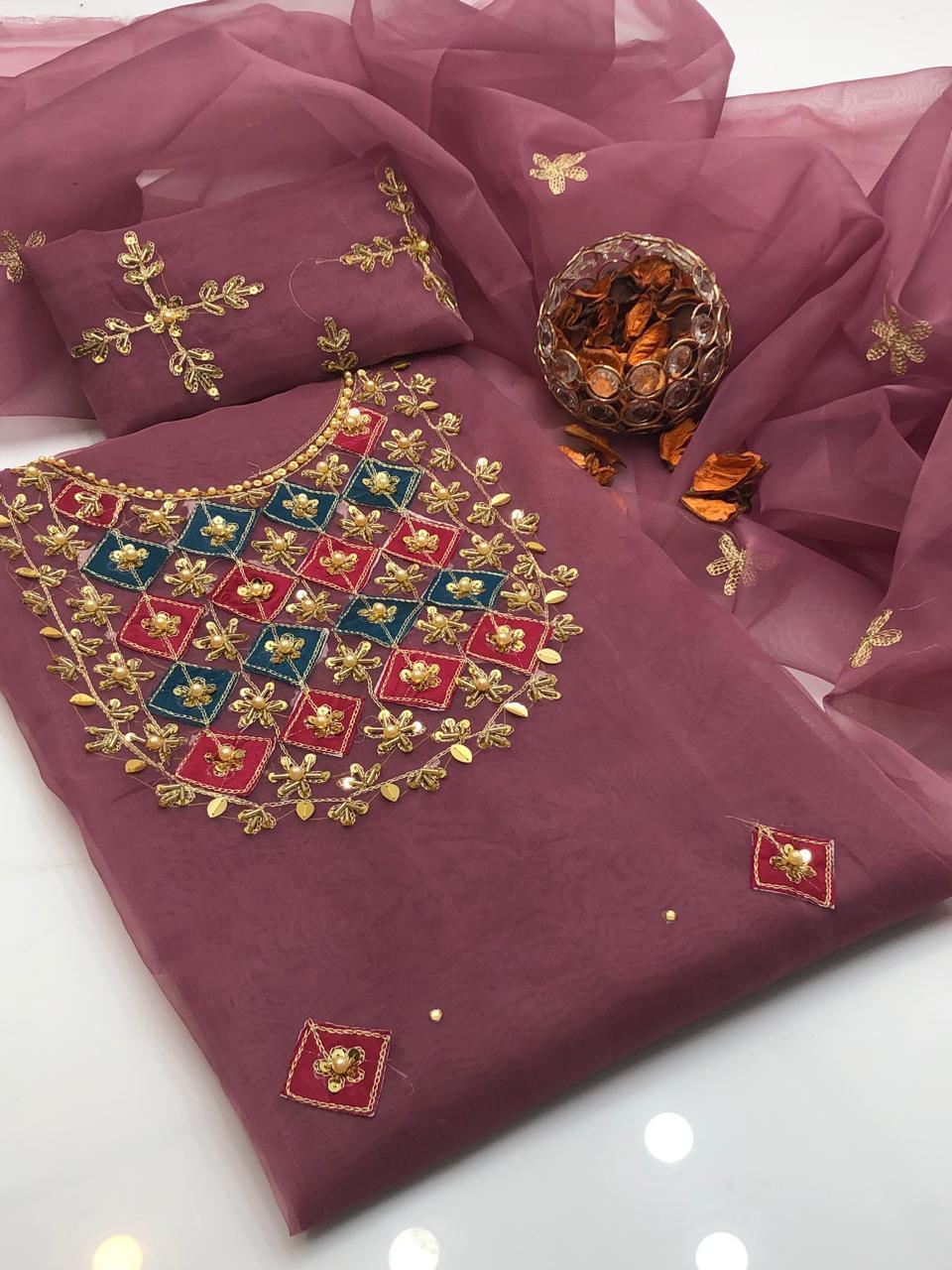 Bright Organza Aari Embroidery and Applic Work Shirt with Dupatta 2Pcs Dress