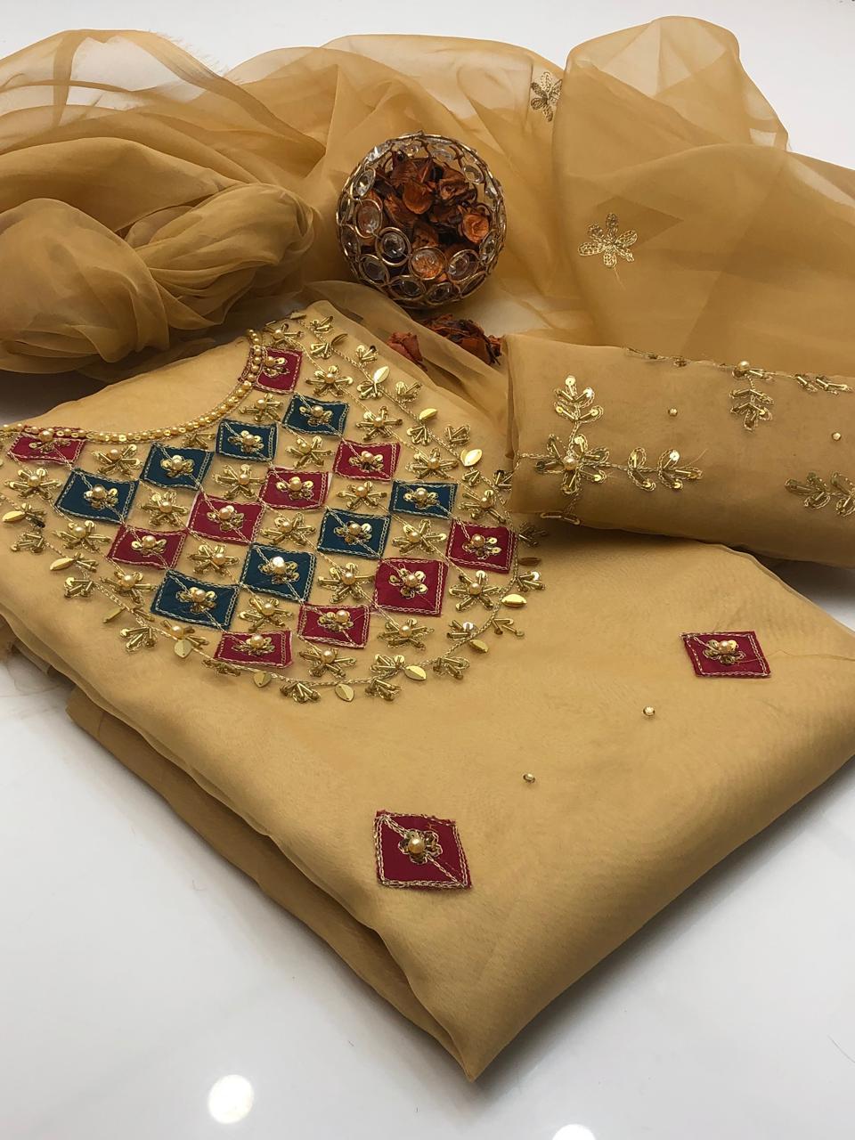 Bright Organza Aari Embroidery and Applic Work Shirt with Dupatta 2Pcs Dress