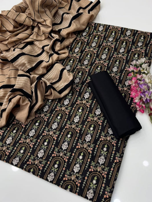 Marina Linen Embroidered Shirt With Velvet Shawl 3Pcs Dress