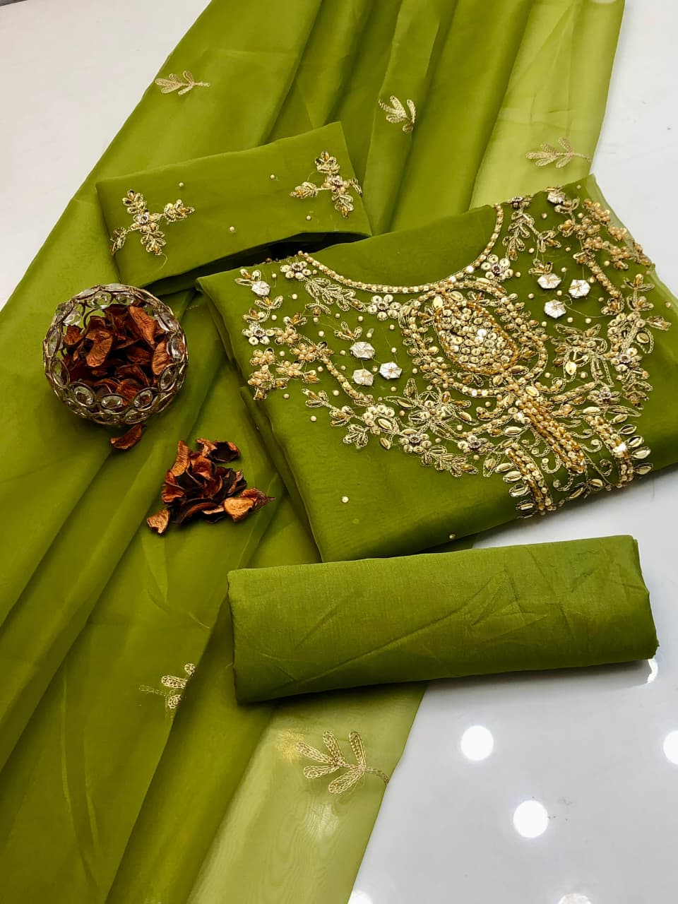 Golden Charm Organza Handwork Embroidered 3Pcs Dress