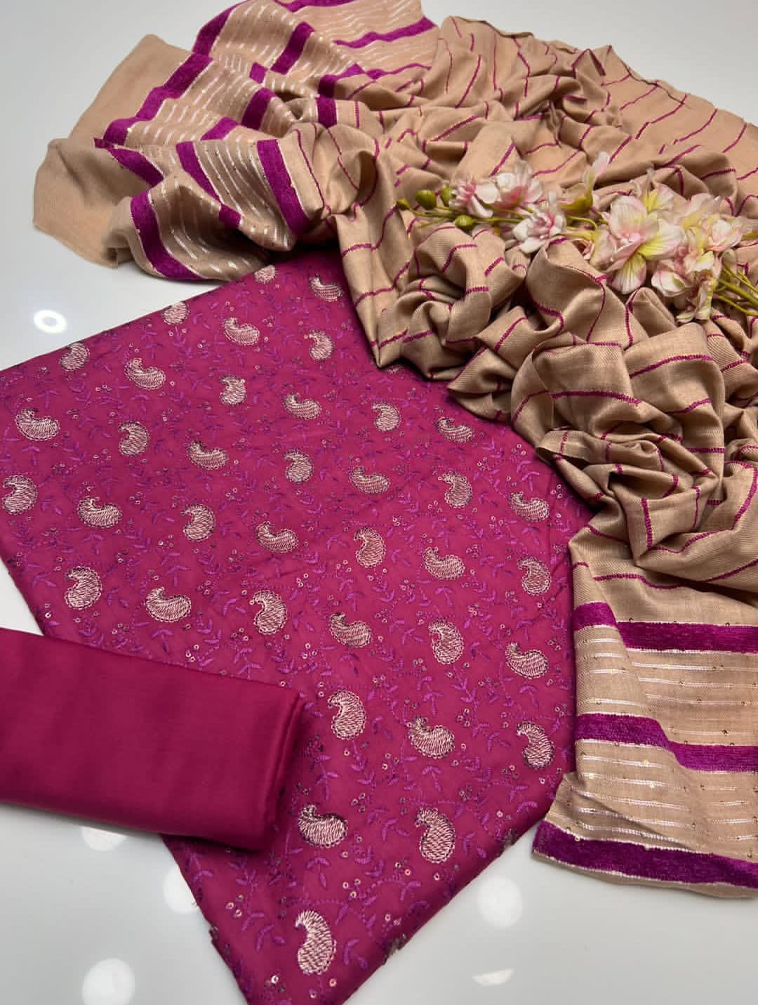 Opaline Marina Linen Embroidered Sequence with Wool Shawl 3Pcs Dress