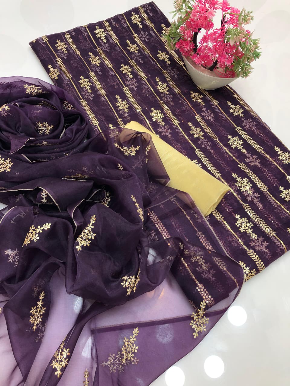 Nylon Organza Heavy Bunch Work 3Pcs Dress