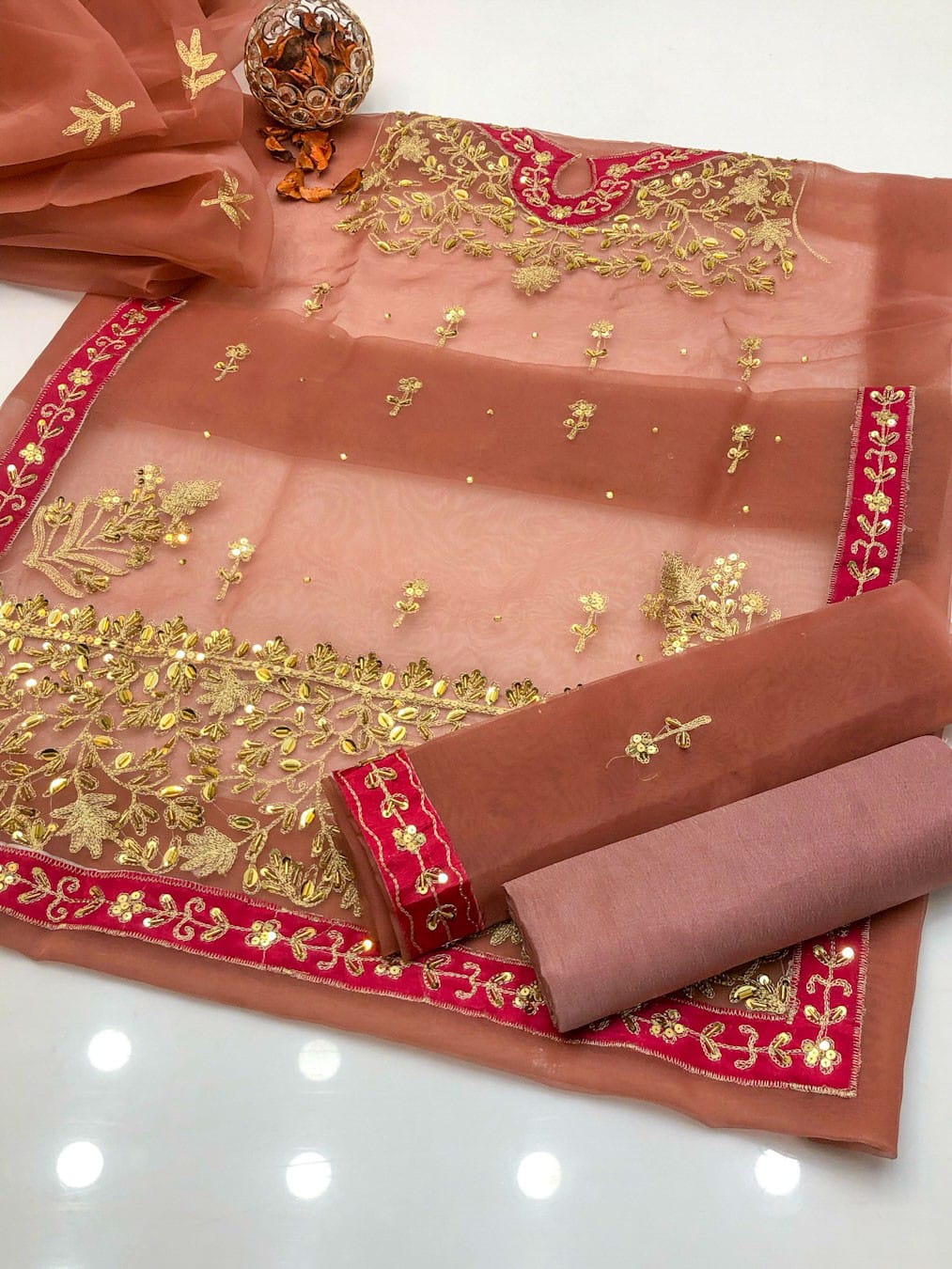 Regalia Organza Applic & Zari Beads Embroidered 3Pcs Dress