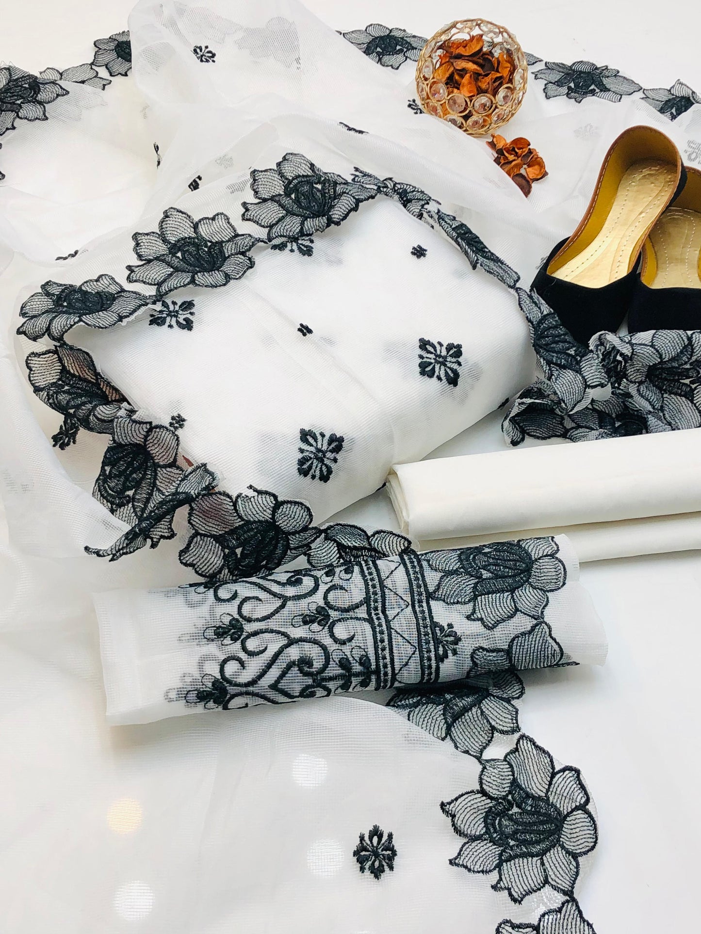 Refined Khaddi Net Embroidered 4 Pcs Dress with Cutwork & Khussa Gift