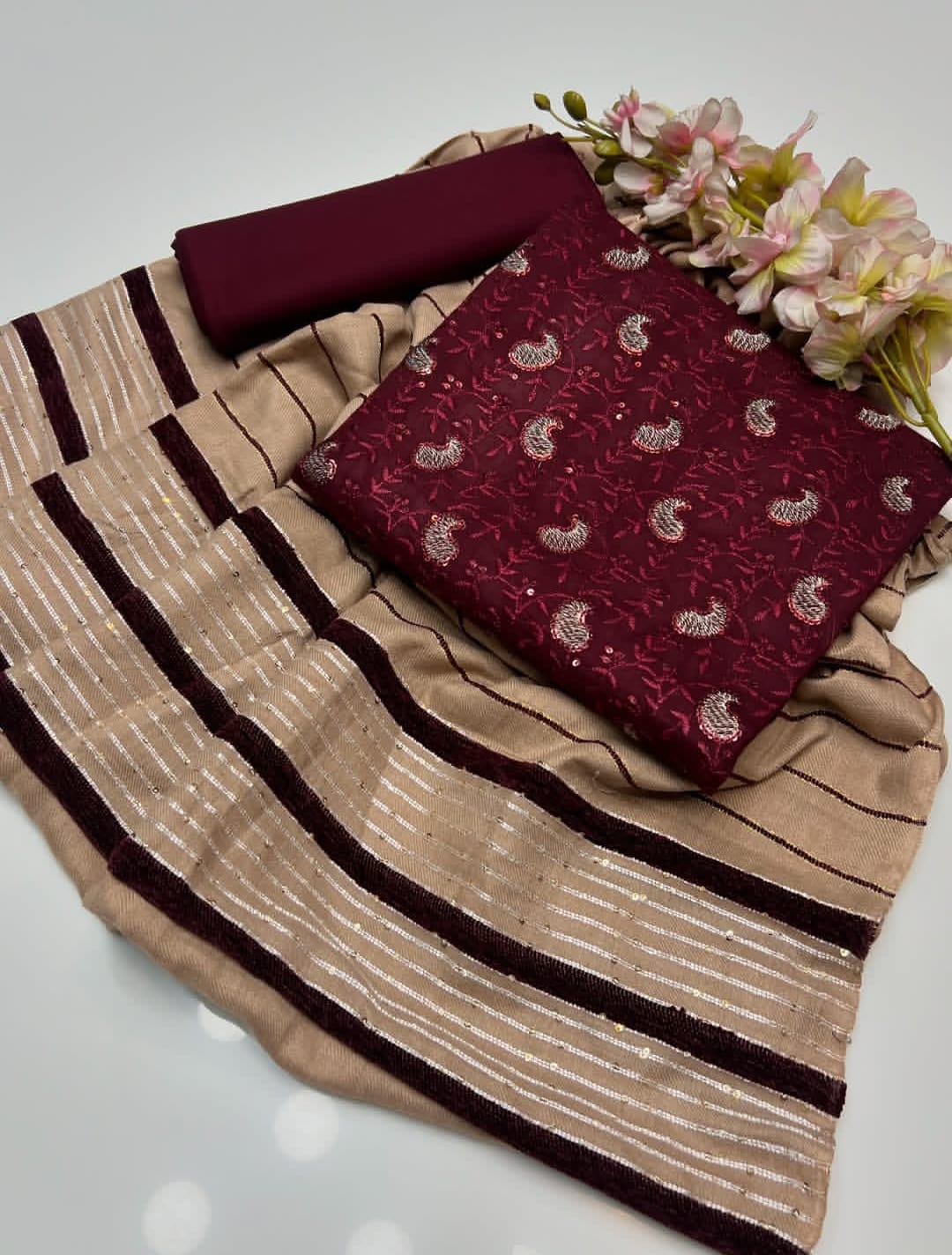 Opaline Marina Linen Embroidered Sequence with Wool Shawl 3Pcs Dress