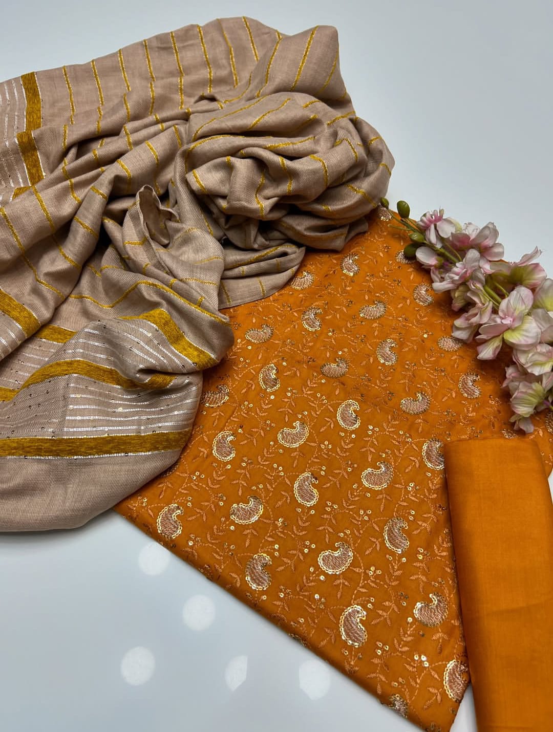 Opaline Marina Linen Embroidered Sequence with Wool Shawl 3Pcs Dress