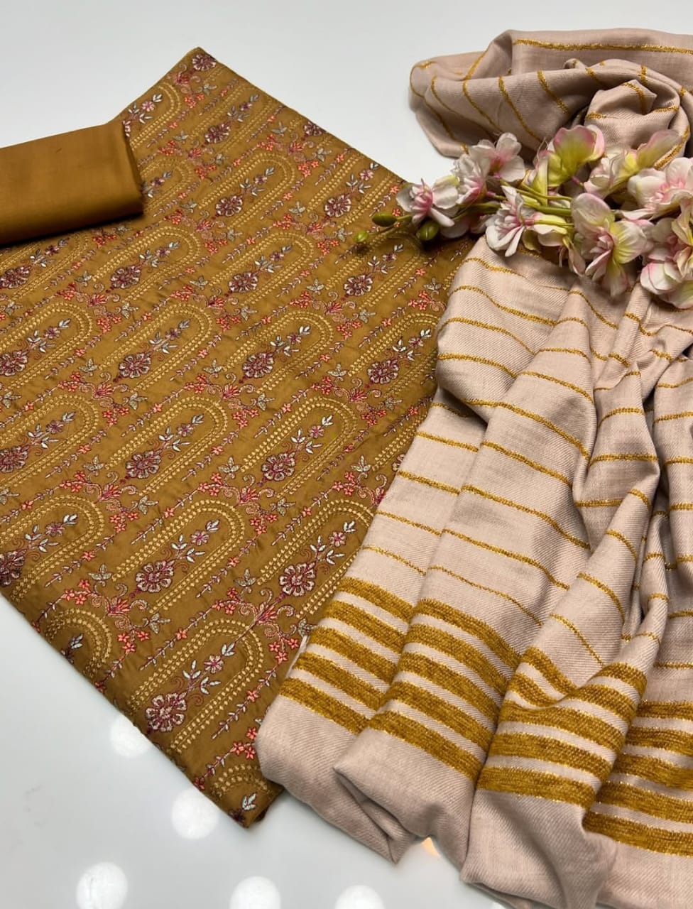Marina Linen Embroidered Sequin Work with Velvet Shawl 3Pc Dress