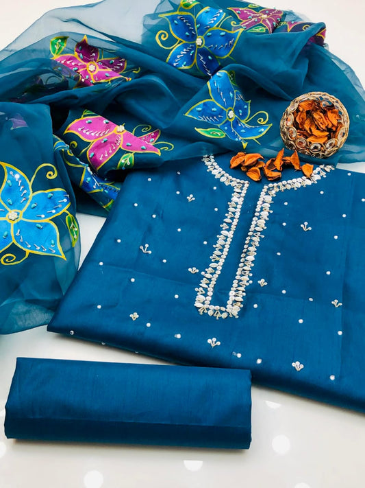 Opalya Kataan Silk Shirt with Oil Paint Dupatta & Trouser 3Pcs Dress