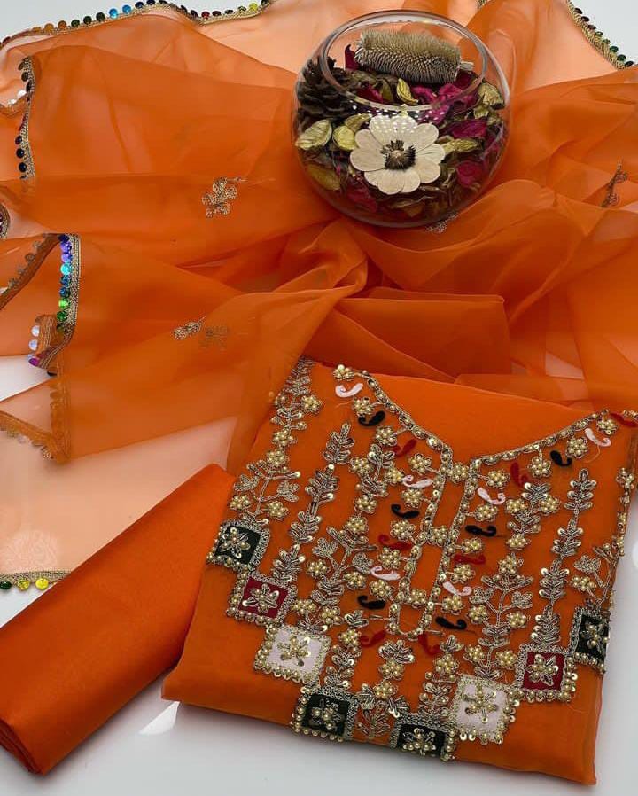 Aurielle Organza Shirt with Lace Border Dupatta & Silk Trouser 3Pcs Dress